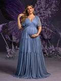 Plus Maternity Gowns: Deep V-Neck & Sheer Sleeve Tiered Tulle Dresses for Pregnancy Photoshoots – 1XL-5XL