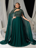 Plus High Neck Chiffon Gown with Detachable Cape | Asymmetrical Cutout & Beaded Embroidery