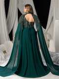Plus High Neck Chiffon Gown with Detachable Cape | Asymmetrical Cutout & Beaded Embroidery