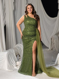 Plus One-Shoulder Sequin Mermaid Gown with Tulle Train & High Slit