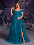 Plus Maternity Off Shoulder Ruched Front Split Mesh Party Dress