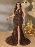 Plus Elegant One Shoulder Split Thigh Sequin Mermaid Hem Evening Dress