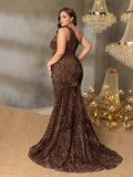Plus Elegant One Shoulder Split Thigh Sequin Mermaid Hem Evening Dress