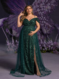 Plus Maternity Glittering Evening Gown with Thigh-High Slit – Sequined Red Carpet Dress for Pregnancy Galas & Photoshoots