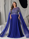 Plus Chiffon Evening Gown with Sequins, Beads & Geometric V-Details, Long Sleeve Cape & Full Flowing Skirt