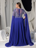 Plus Chiffon Evening Gown with Sequins, Beads & Geometric V-Details, Long Sleeve Cape & Full Flowing Skirt
