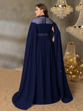 Plus Dramatic Cape Evening Dress | High Neck Chiffon with Rhinestone Detail