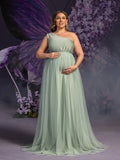 Plus Maternity One-Shoulder Gown with Asymmetrical Tulle Skirt & Sheer Elegance – 1XL-5XL Pregnancy Photoshoot Dress