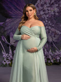 Plus Maternity Off Shoulder Contrast Mesh Mermaid Dress