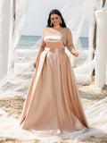 Plus Beaded Sheer Sleeve Formal Dress | Wide Belting | Satin A-Line Evening Gown