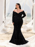 Plus Gorgeous Off Shoulder Mermaid Hem Sequin Evening Dress