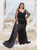 Plus Elegant Sequin Bodice Sheer Sleeves Mermaid Hem Satin Evening Dress