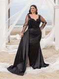 Plus Elegant Sequin Bodice Sheer Sleeves Mermaid Hem Satin Evening Dress