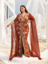 Plus Gorgeous Sequin Embroidery Evening Gown - V-Neck Mermaid Dress with Cape Sleeves & High Slit