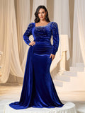 Plus Elegant Pearl Embellished Diagonal Neck Mermaid Hem Velvet Evening Dress