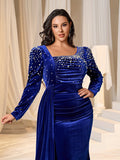 Plus Elegant Pearl Embellished Diagonal Neck Mermaid Hem Velvet Evening Dress