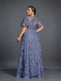 Plus Womens' Floral Embroidered Butterfly Sleeves A Line Formal Evening Dress