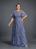 Plus Womens' Floral Embroidered Butterfly Sleeves A Line Formal Evening Dress