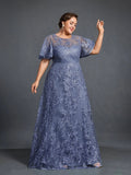 Plus Womens' Floral Embroidered Butterfly Sleeves A Line Formal Evening Dress
