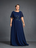 Plus Womens' Chiffon Evening Gown with Floral Appliqué Detailing – Elegant Boat Neck & Cinched Waist Formal Dress for Mothers of the Bride