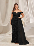 Plus Off Shoulder Split Thigh Sequin Formal Party Dress - Elonnashop