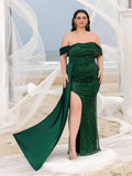 Plus Elegant Off Shoulder Draped Side Split Mermaid Hem Sequin Evening Dress