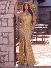 Plus Elegant One Shoulder Split Thigh Sequin Mermaid Hem Evening Dress