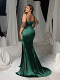 Plus Luxury Off-Shoulder Satin Evening Gown - Beaded Fringe Mermaid Dress with Thigh Slit