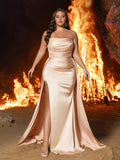 Plus Satin Strapless Evening Gown with Lace Appliqu¨¦ | High Slit & Sweep Train