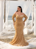 Plus Elegant Off Shoulder Lone Sleeves Mermaid Hem Sequin Evening Dress