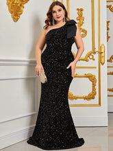 Plus One Shoulder Bow Decor Sequin Mermaid Dress - Elonnashop