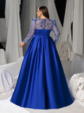 Plus Women's Sequin Bodice Formal Gown | Long Sleeves | Full Flared Skirt