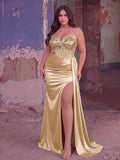 Plus Elegant Sequin Corset Satin Maxi Dress with High Slit | Spaghetti Strap Open Back Evening Gown | Formal Party & Prom Dress