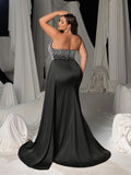 Plus Size Luxury Strapless Sequin Bodice Evening Dress with High Slit