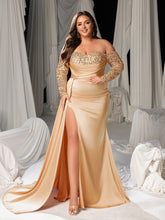 Plus Luxury Off-Shoulder Sequin Mermaid Train Formal Dress with High Slit and Sweetheart Neckline