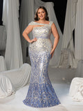 Plus Women's One-Shoulder Geometric Pattern Sequin Mermaid Gown | Illusion Back Evening Dress