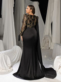 Plus Luxury Satin Formal Gown with Sequin Sleeves & High-Slit Skirt