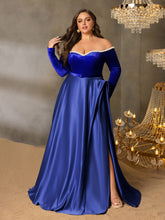 Plus Women's Pearl Accented Off-The-Shoulder Formal Gown | Long Sleeves | Defined Waist Belt | Full Flared Skirt