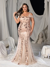 Plus Square-Neck Cold-Shoulder Mermaid Gown with Floral Sequin Embroidery & Tulle Details
