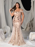 Plus Square-Neck Cold-Shoulder Mermaid Gown with Floral Sequin Embroidery & Tulle Details