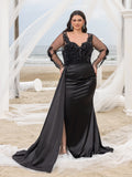 Plus Elegant Sequin Bodice Sheer Sleeves Mermaid Hem Satin Evening Dress