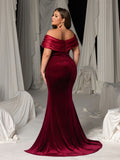 Plus Size Velvet Off-Shoulder Evening Gown - Mermaid Dress with High Slit & Train