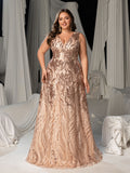 Plus Floral Sequin V Neck Sleeveless A-Line Formal Dress