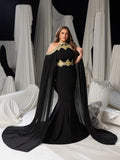 Plus Luxury Mermaid Gown with Flowing Cape & Gold Embellishments for Red Carpet or Luxury Weddings, 1XL-5XL