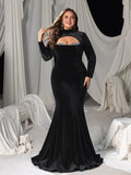 Plus Velvet High-Neck Mermaid Gown with Chest Cutout, Rhinestone Accents & Floor-Length Train