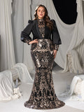 Plus Floral Sequin High-Neck Mermaid Gown with Voluminous Puff Sleeves