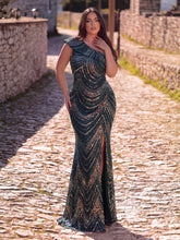 Plus Sequins One Shoulder Mermaid Maxi Dress | Chevron Stripe High Slit Evening Gown | Formal Party & Prom Dress