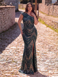Plus Sequins One Shoulder Mermaid Maxi Dress | Chevron Stripe High Slit Evening Gown | Formal Party & Prom Dress