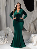 Plus V-Neck Long Sleeve Velvet Mermaid Evening Dress