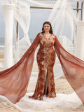 Plus Gorgeous Sequin Embroidery Evening Gown - V-Neck Mermaid Dress with Cape Sleeves & High Slit